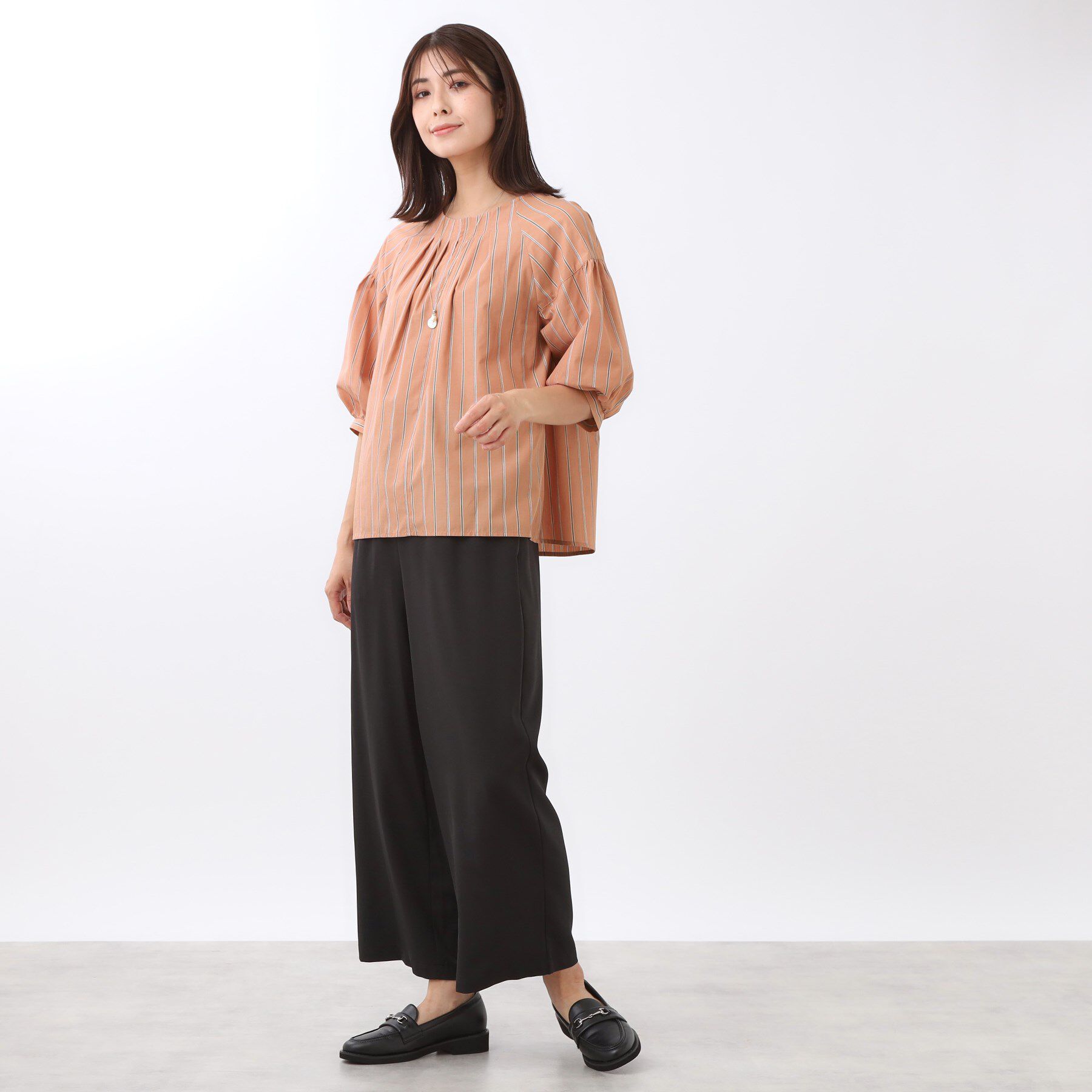 Reflect「【E‐QUALITY／体型カバー／ゆったり着られる◎】ストライプ&times;パフスリーブのブラウス」|シャツ・ブラウス|