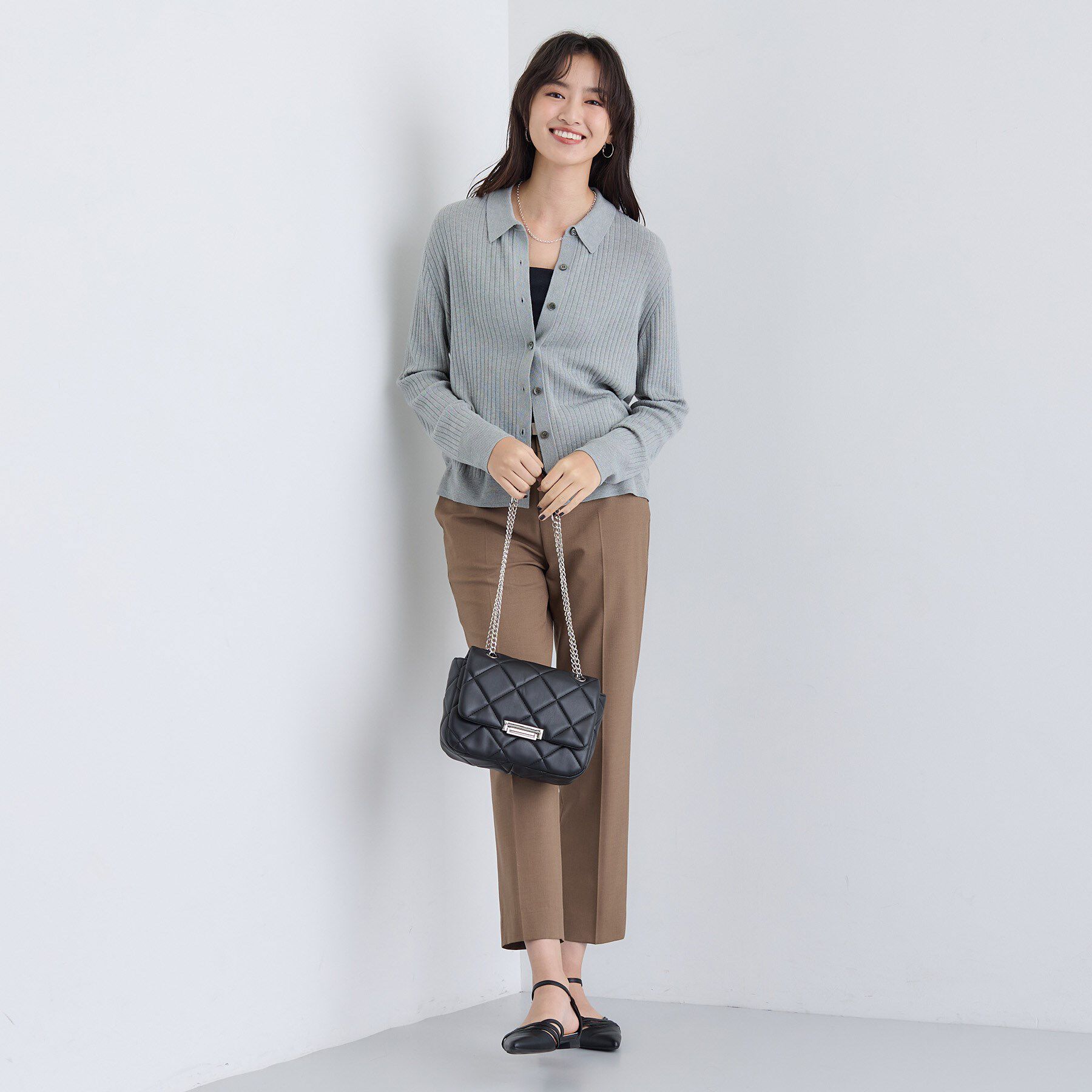 INDIVI「【トレンド】衿付きワイドリブニット」|カーディガン|