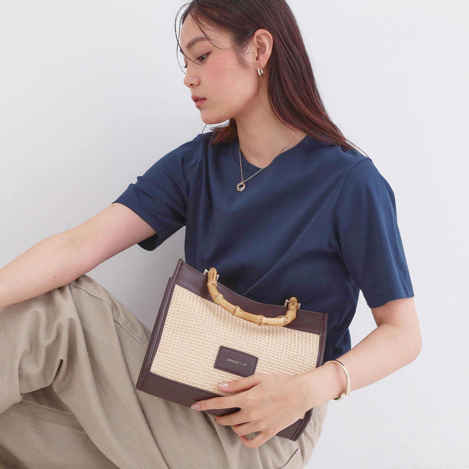 OPAQUE.CLIP「バンブーハンドルスクエアミドルトートバッグ【2WAY】」|トートバッグ|ブラウン(044)