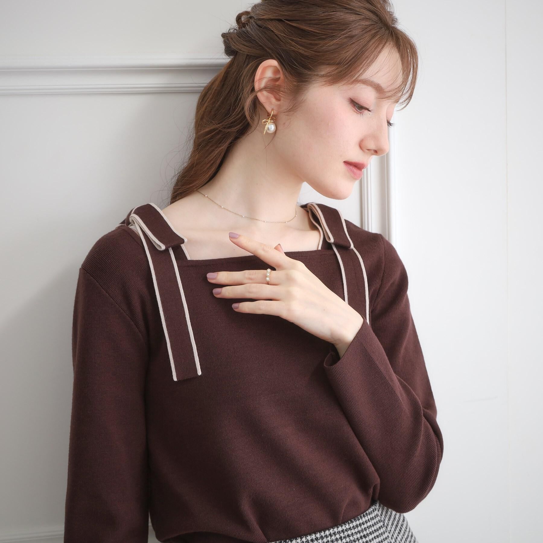 Couture broach「【着映え・フェミニン・高見え】配色リボン総針ニットトップス」|ニット・セーター|