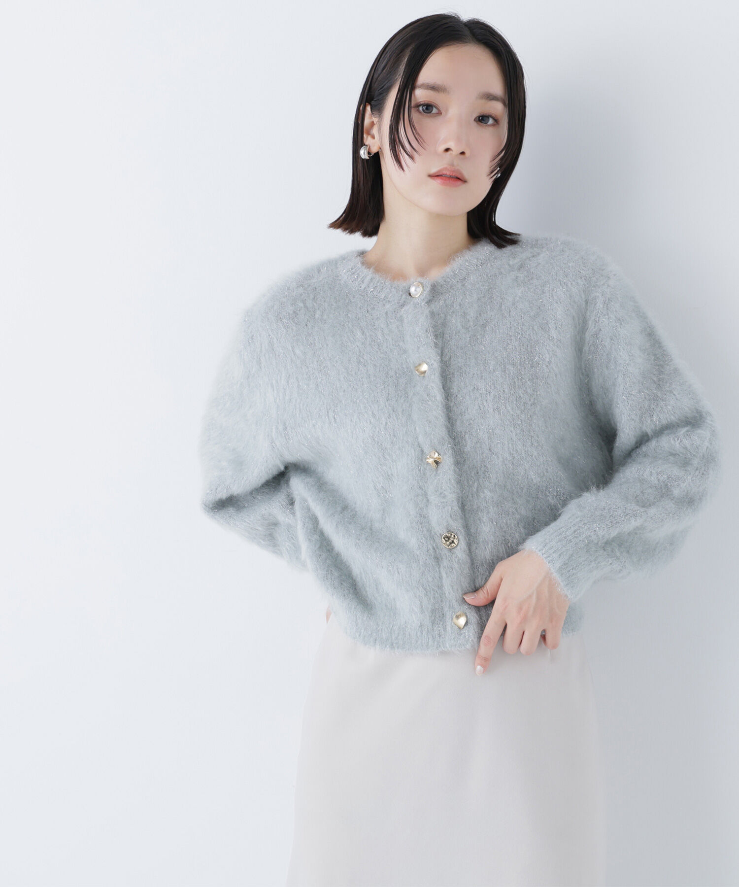  「デザインボタンラメシャギーカーディガン」|ニット・セーター|ペールグリー