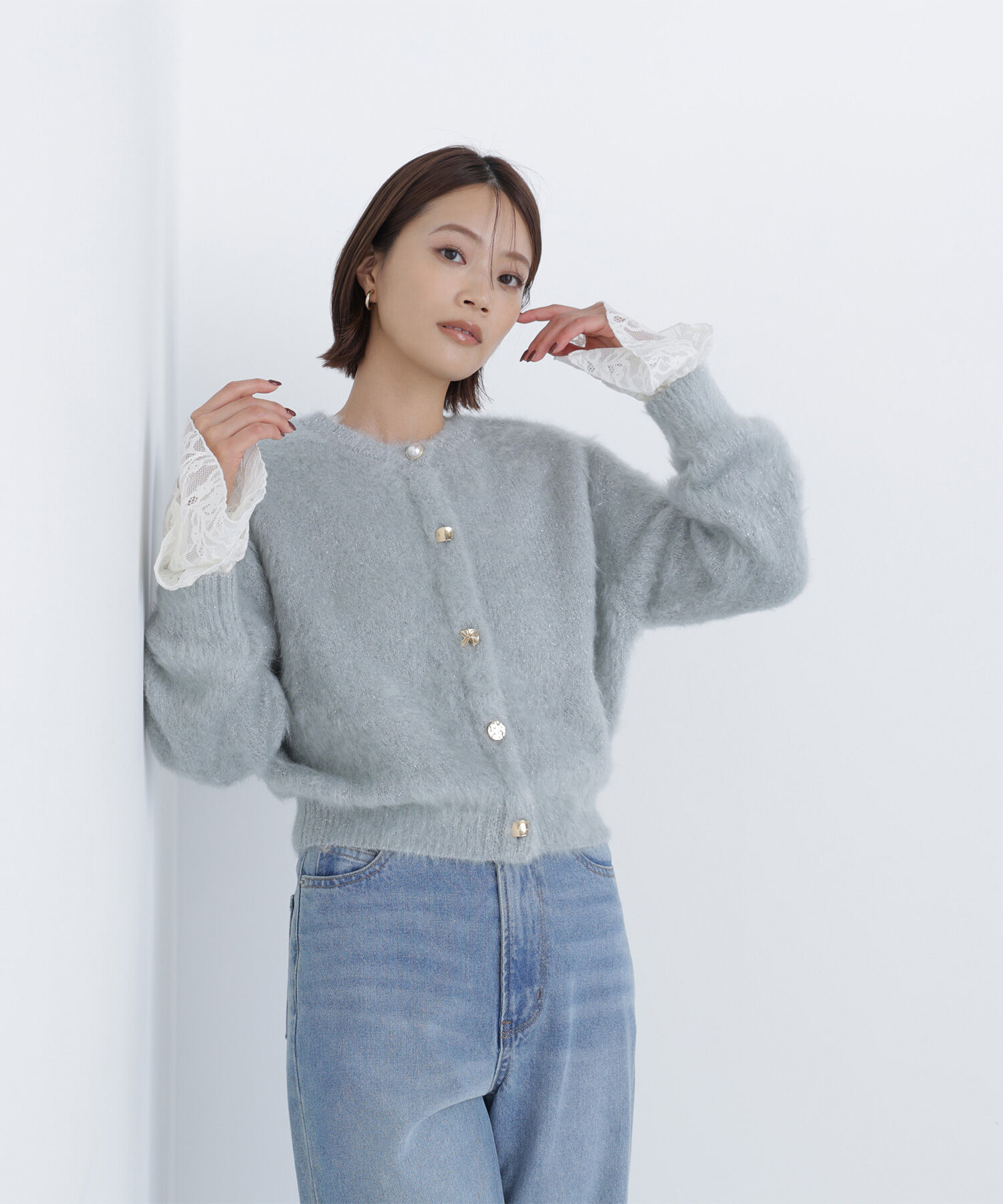  「デザインボタンラメシャギーカーディガン」|ニット・セーター|
