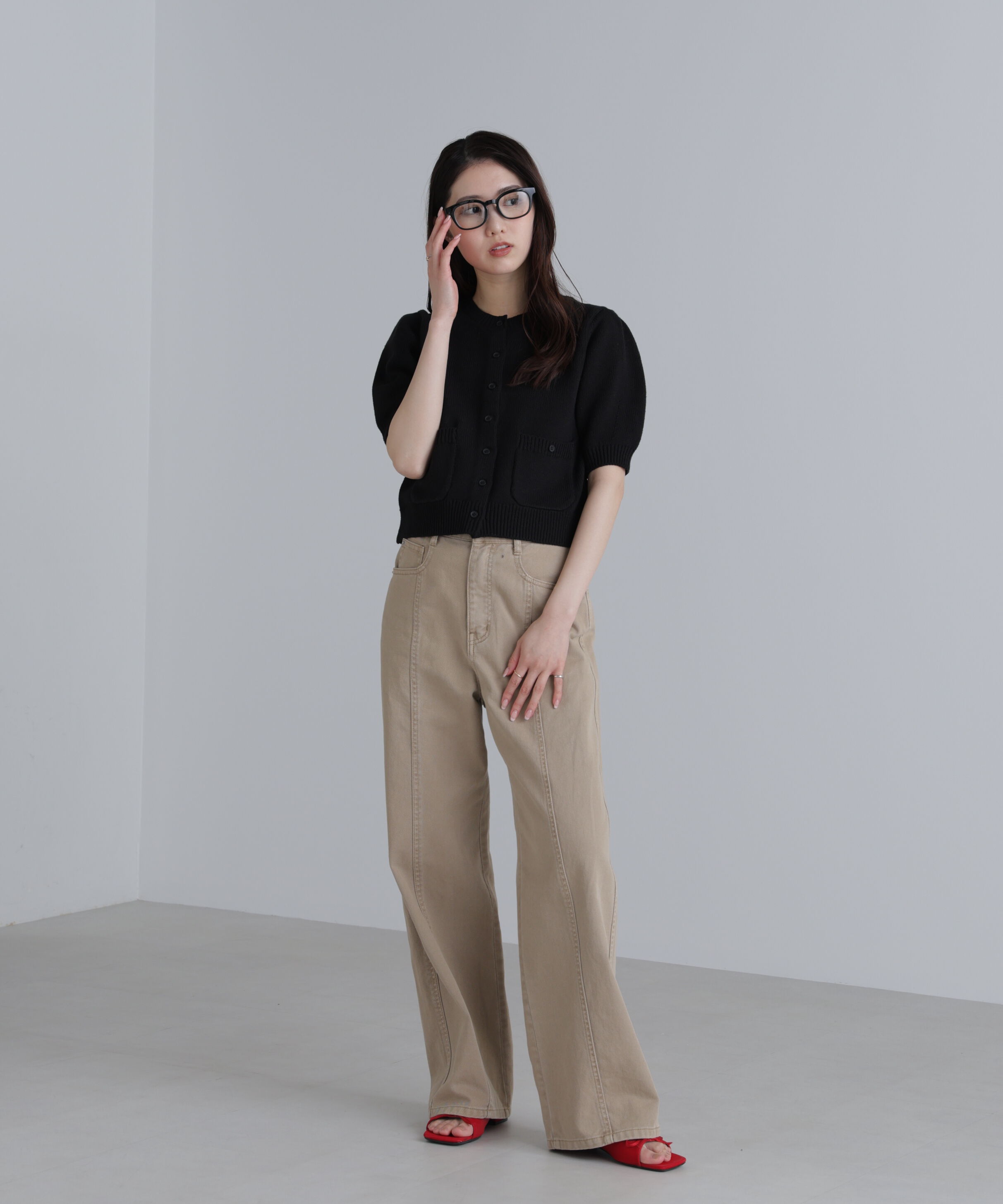  「フロントポケット半袖カーディガン」|ニット・セーター|