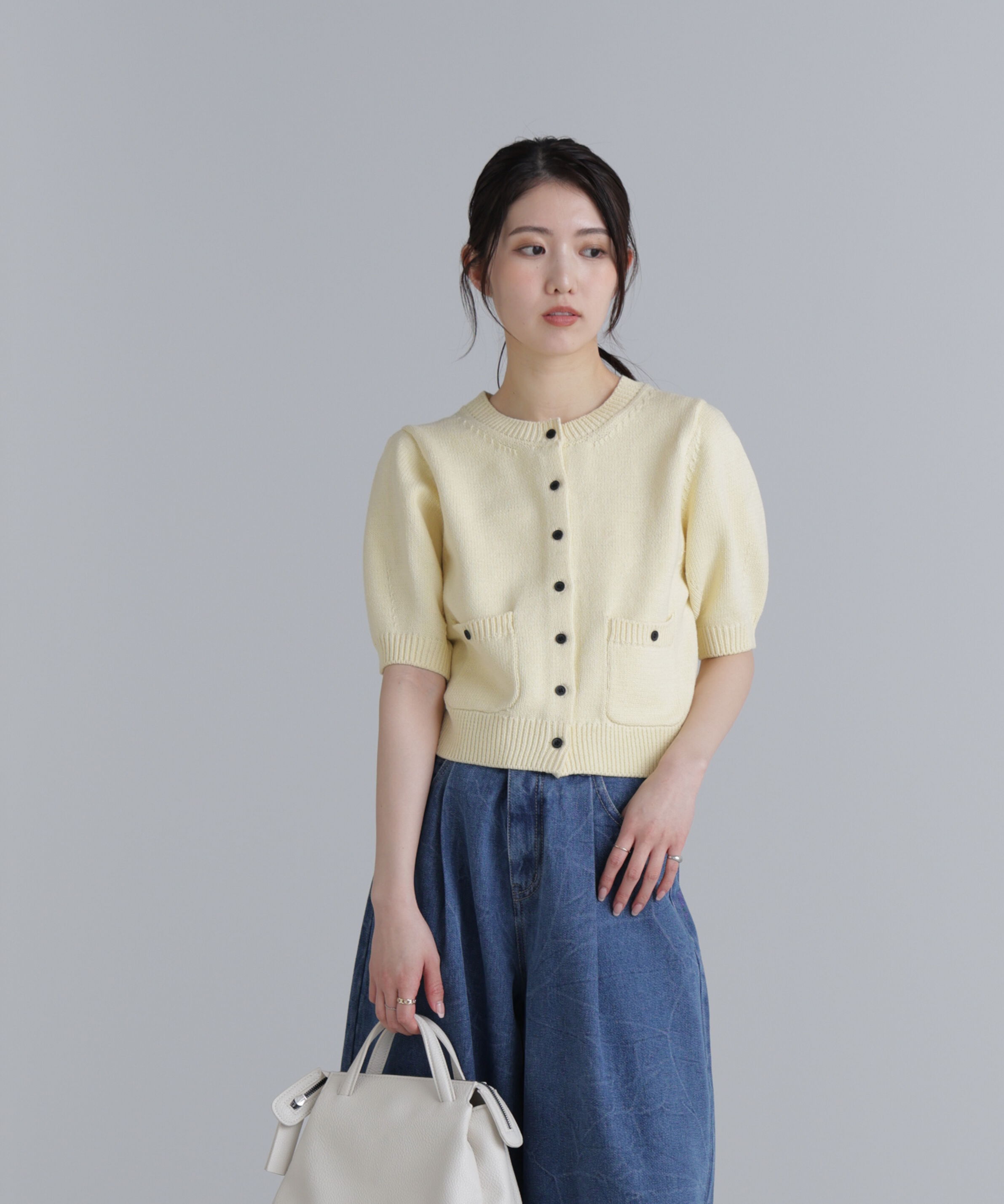  「フロントポケット半袖カーディガン」|ニット・セーター|