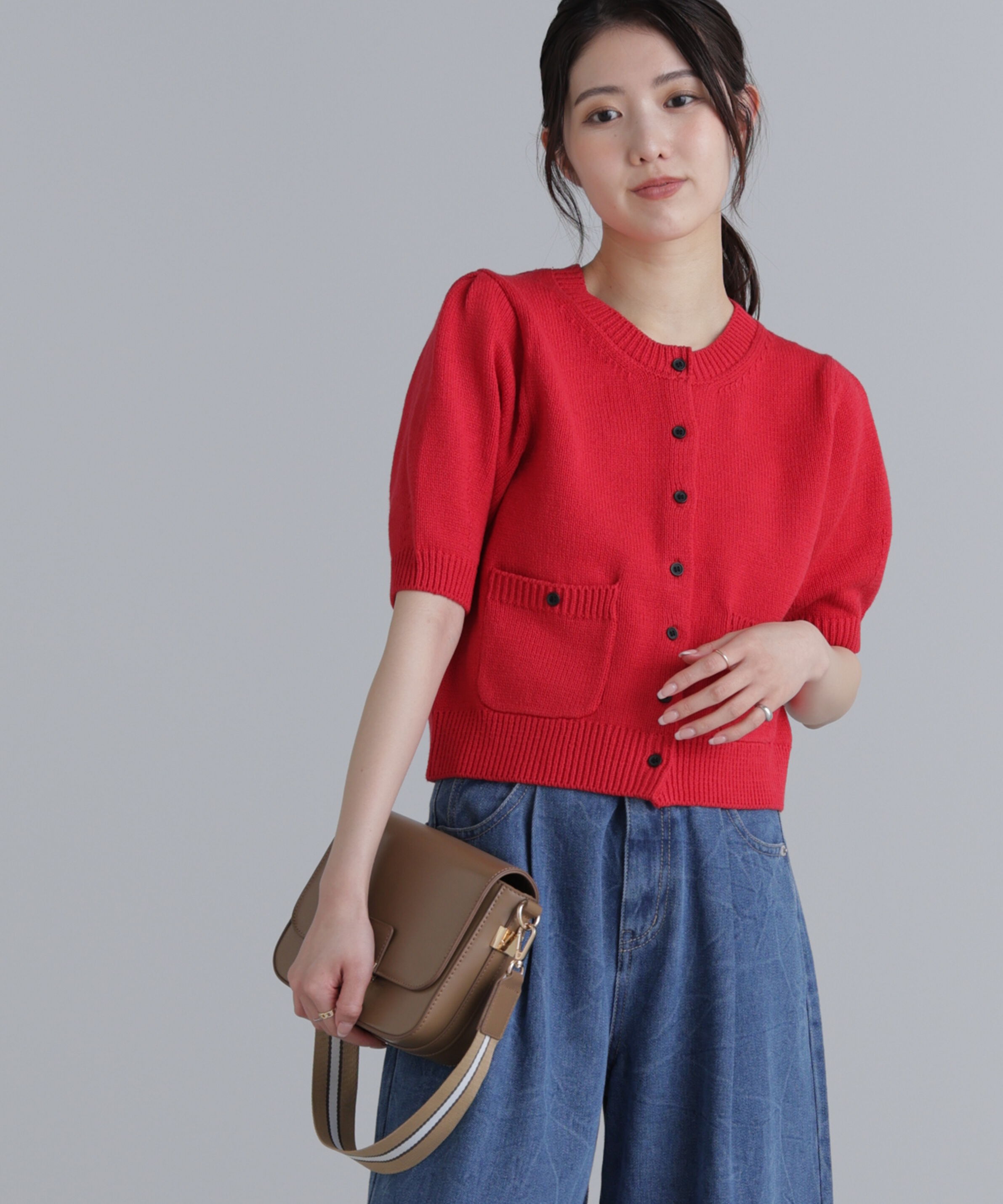  「フロントポケット半袖カーディガン」|ニット・セーター|