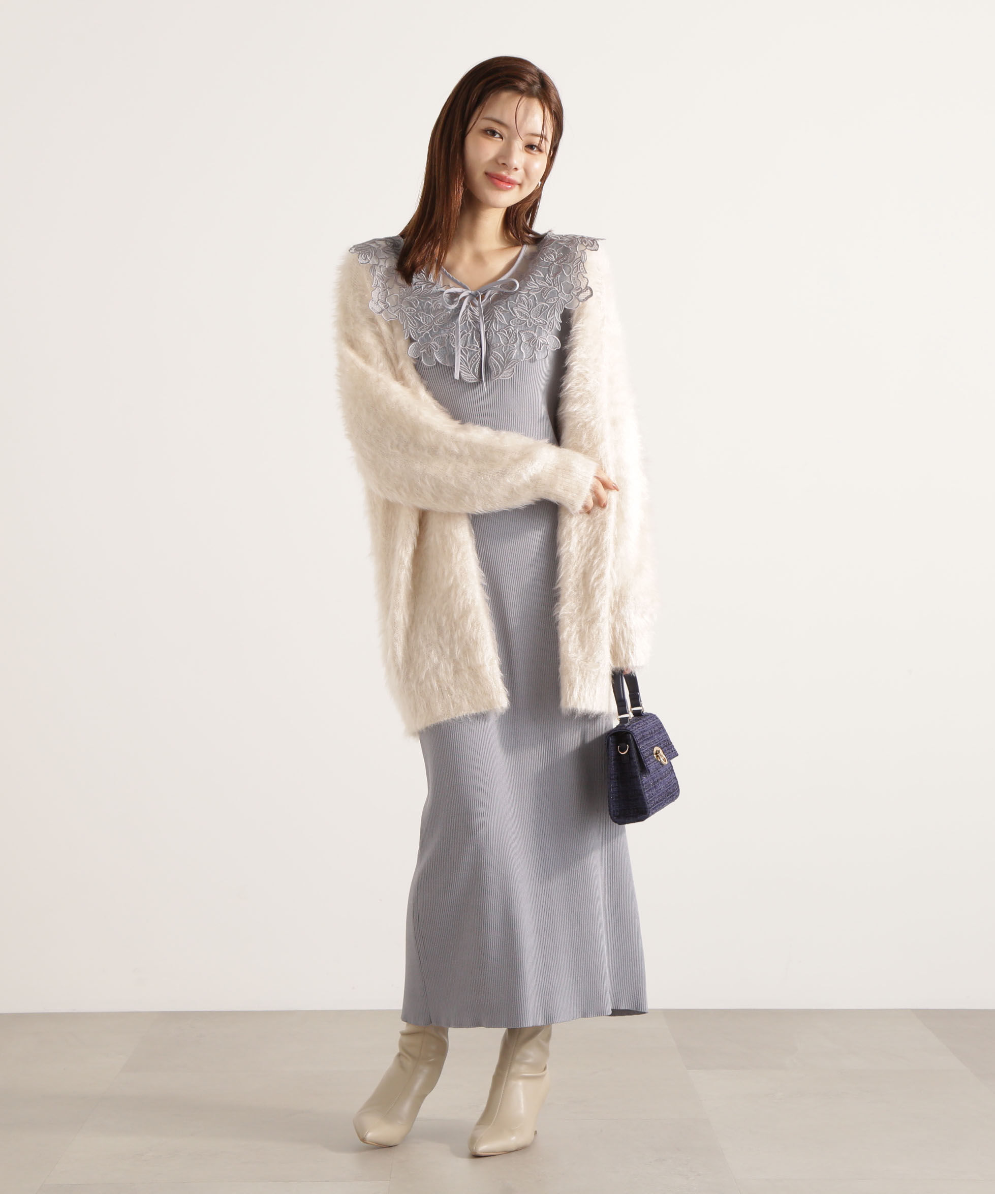 PROPORTION BODY DRESSING「ケープ風レース付きニットワンピース 25AW」|ワンピース|