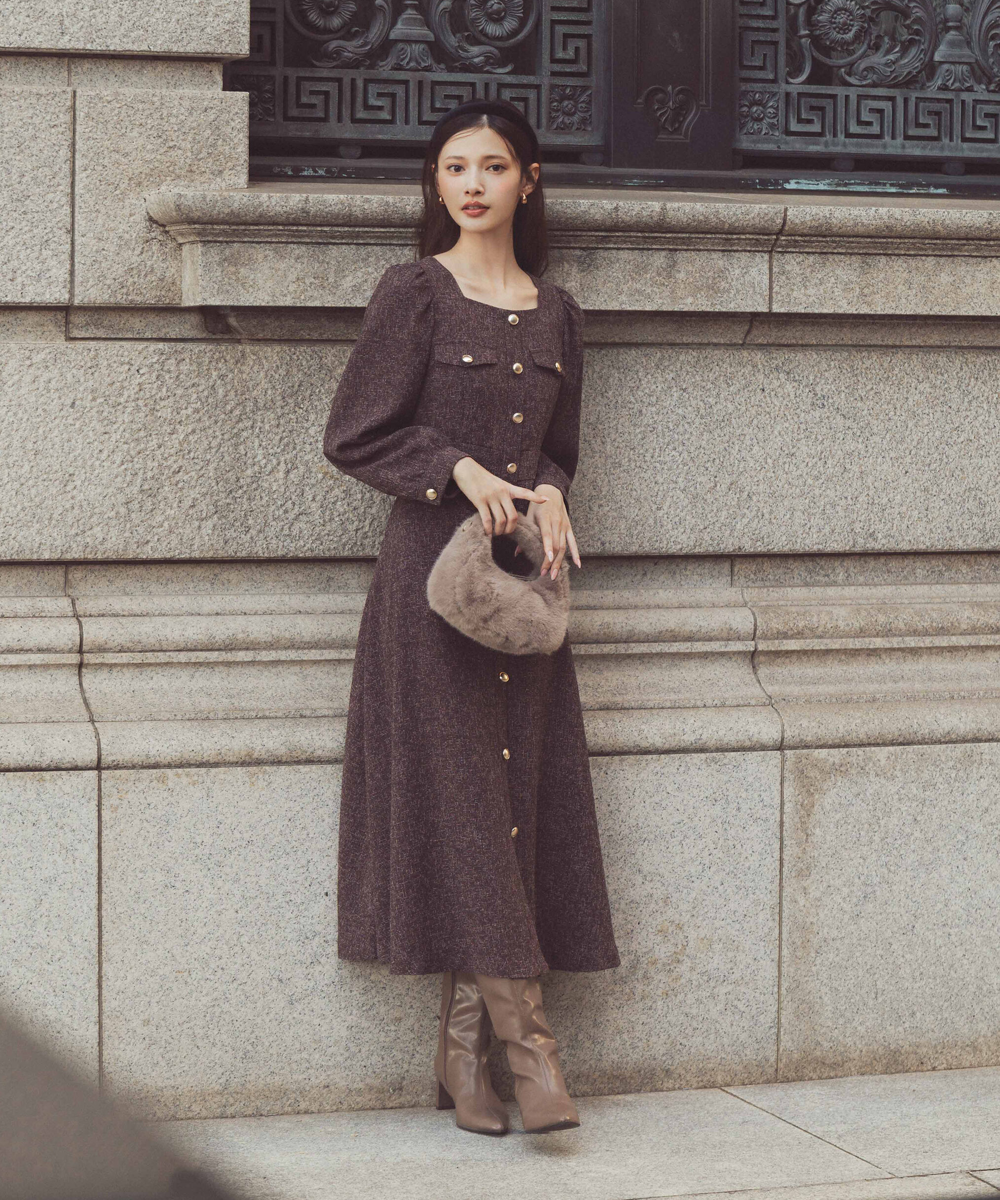 PROPORTION BODY DRESSING「フロント釦ツイードワンピース 25AW」|ワンピース|ブラウン