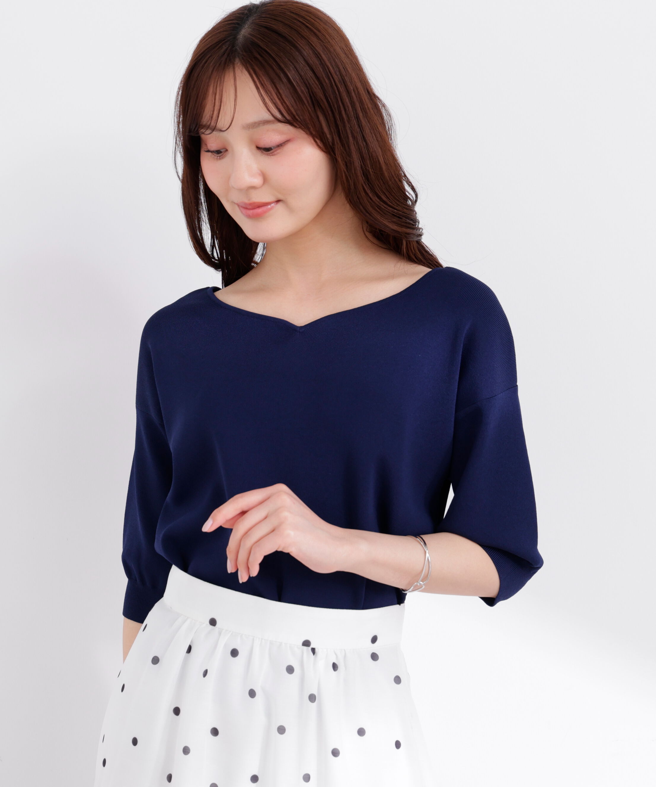 PROPORTION BODY DRESSING「5分袖ハートカットドルマンニット 26SS」|ニット・セーター|ネイビー