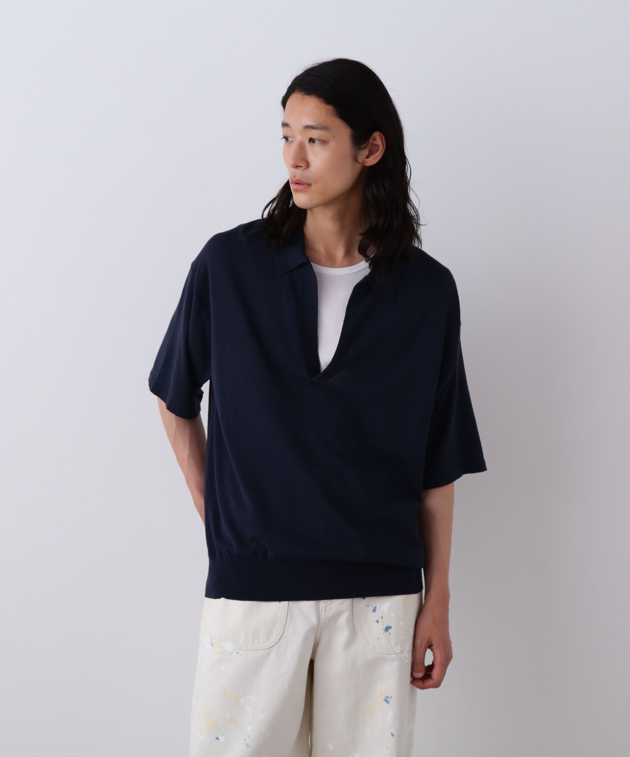 YLEVE 「YLEVE / COTTON LINEN KNIT SKIPPER POLO」|ニット・セーター|ネイビー