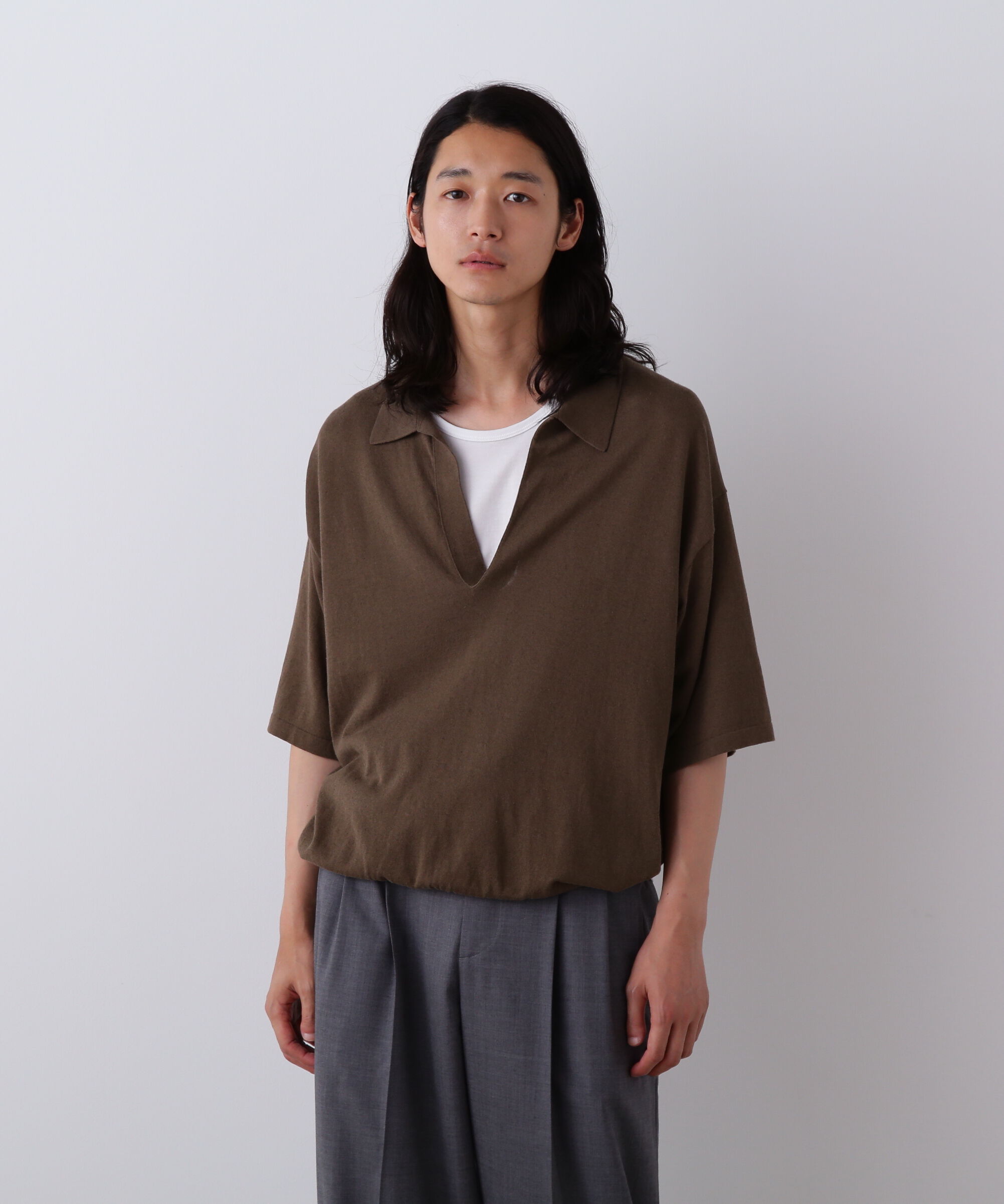 YLEVE 「YLEVE / COTTON LINEN KNIT SKIPPER POLO」|ニット・セーター|カーキ