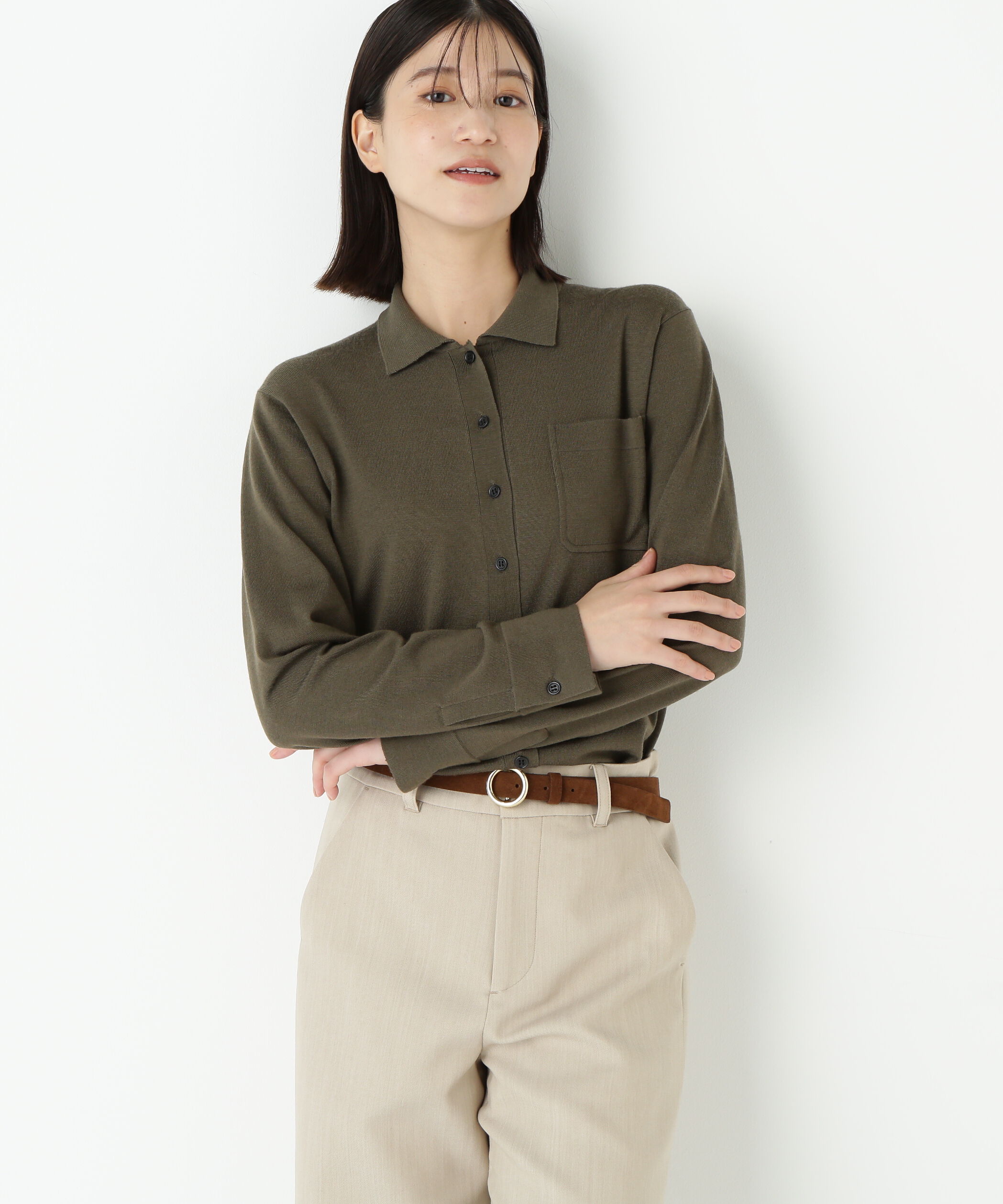  「◆クリアウール混ニットシャツ」|ニット・セーター|カーキ