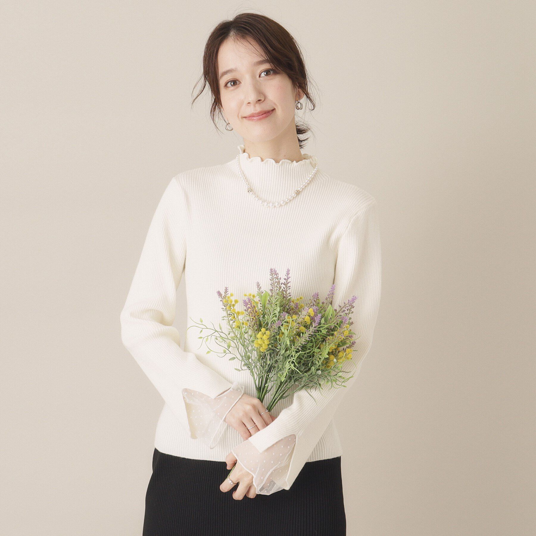 ITS&rsquo;DEMO「【手洗い可】袖チュールリブニット」|ニット・セーター|オフホワイト(003