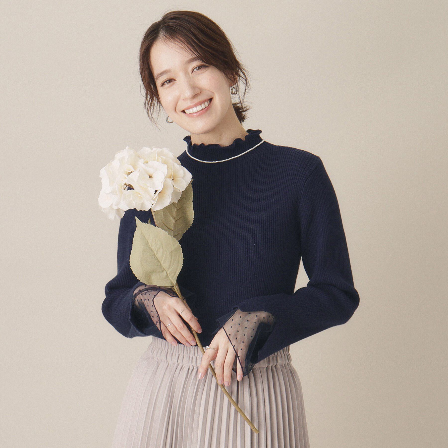 ITS&rsquo;DEMO「【手洗い可】袖チュールリブニット」|ニット・セーター|ネイビー(094)