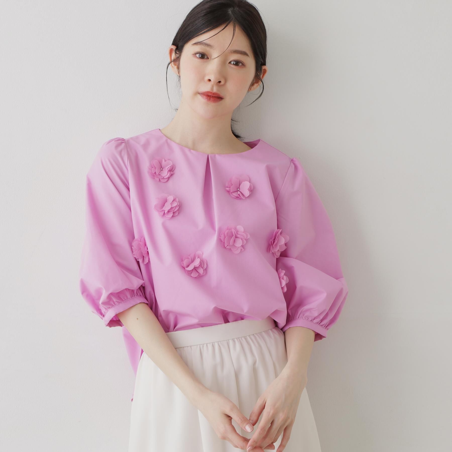 SunaUna「【接触冷感】フラワーパフスリーブブラウス」|シャツ・ブラウス|