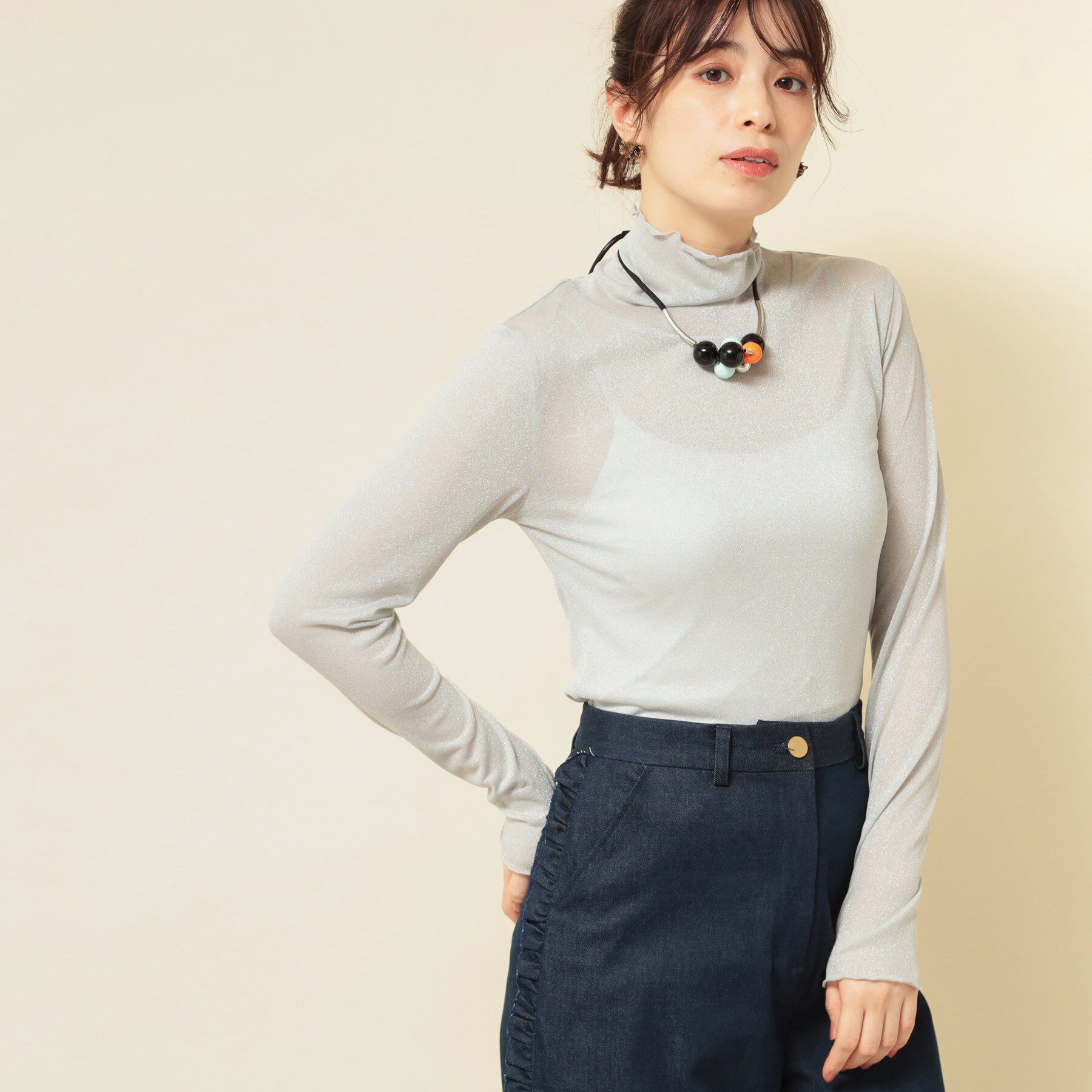 SunaUna「【ラメ／シアー】ハイネックカットソー」|Tシャツ・カットソー|ライトグレー(011