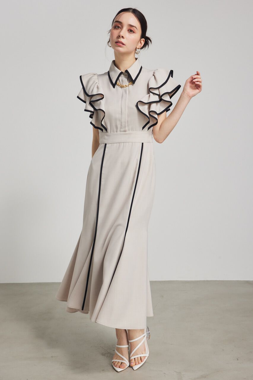 rienda「フリルスリーブバイカラーOP」|ワンピース|L/BEG1