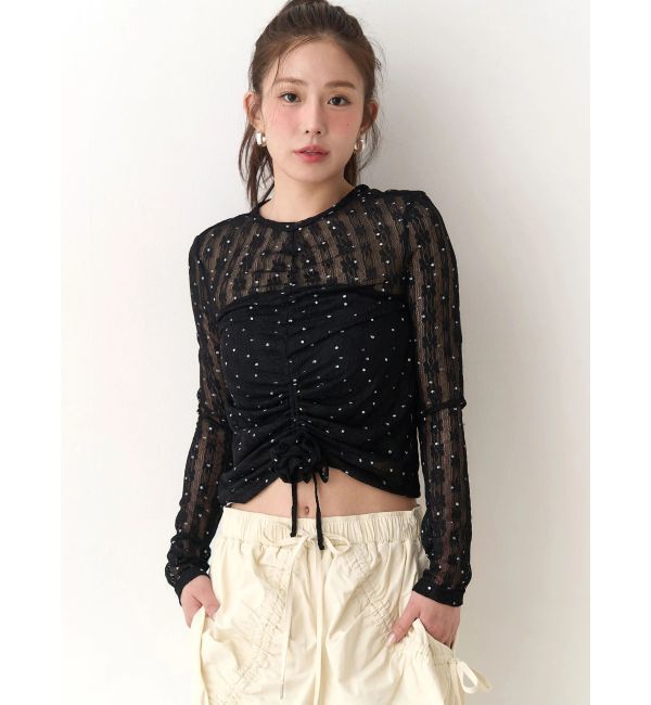 CALNAMUR「ドットフラワージャカードトップス」|Tシャツ・カットソー|ブラック