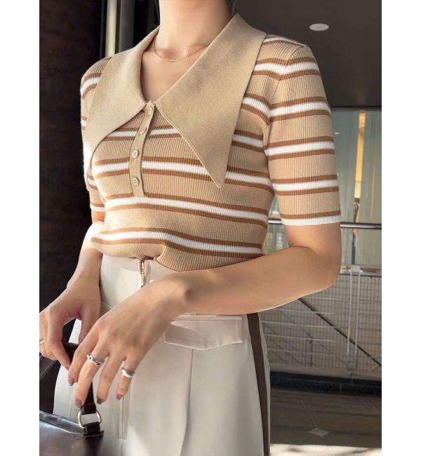 LAGUNAMOON「ヘムレイヤードビッグカラーポロニットプルオーバー」|ニット・セーター|ベージュ