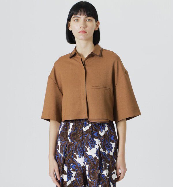  「【手洗い可】クロップドハーフスリーブシャツ」|シャツ・ブラウス|ブラウン