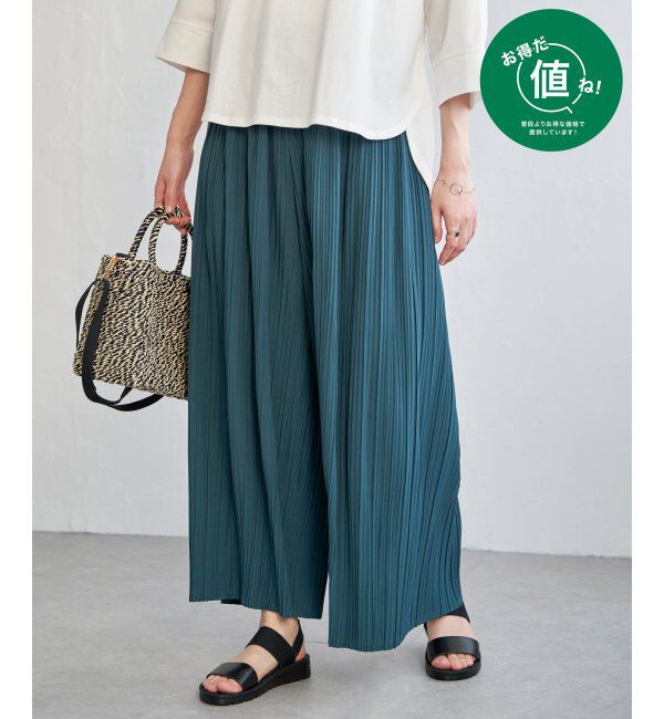 ikka「さらっとプリーツワイドパンツ」|その他|グリーン