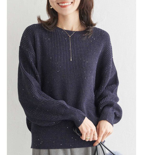 ikka「ラメスパンコールニットプルオーバー」|プルオーバー|ネイビーブルー