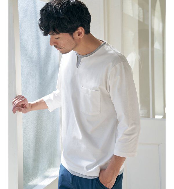 ikka「【接触冷感／抗菌防臭】GOKU楽セイケツ7分袖キーネックTシャツ」|Tシャツ・カットソー|