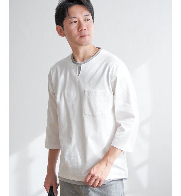 ikka「【接触冷感／抗菌防臭】GOKU楽セイケツ7分袖キーネックTシャツ」|Tシャツ・カットソー|