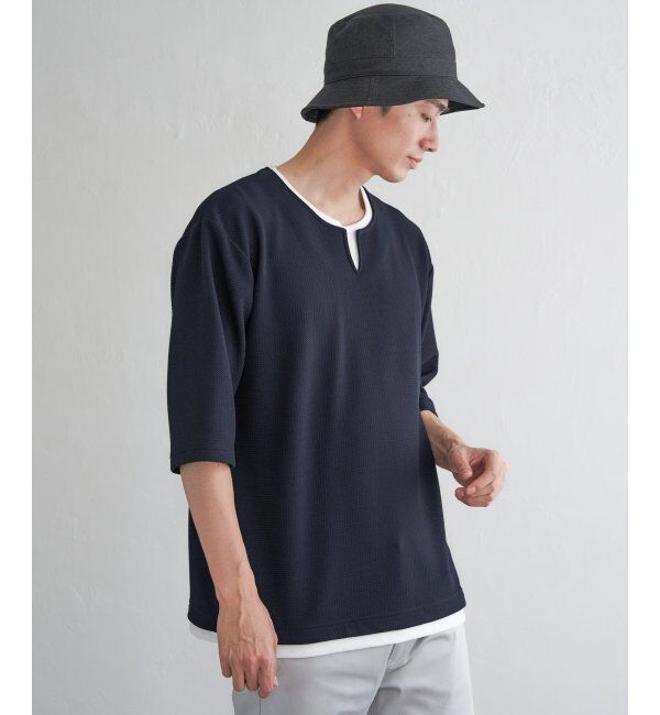 ikka「キーネックレイヤード7分袖Tシャツ」|Tシャツ・カットソー|ネイビーブルー