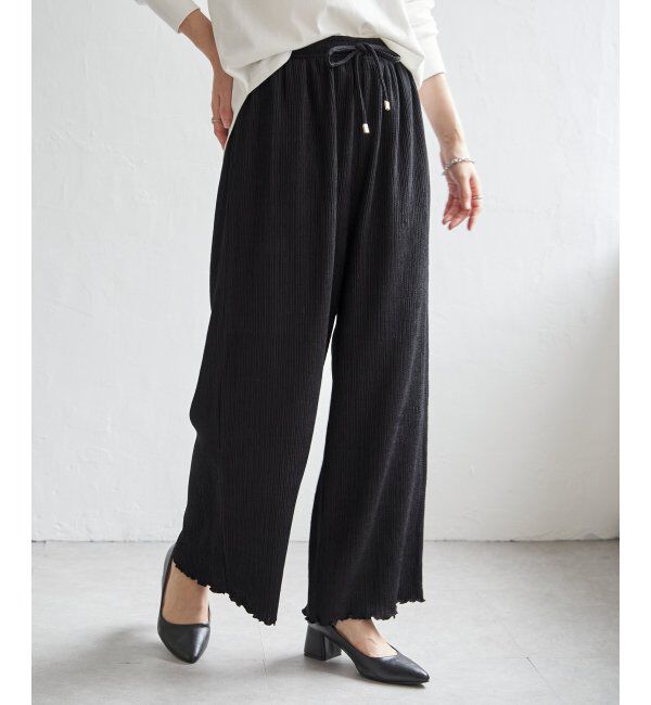 ikka「ジャガードプリーツワイドパンツ」|その他|ブラック