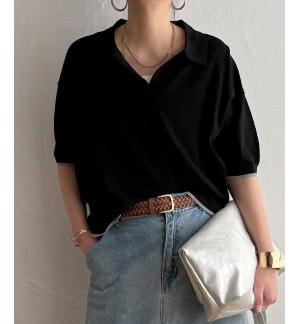 Lbc with Life「ポロ襟スキッパーニット」|カーディガン|ブラック