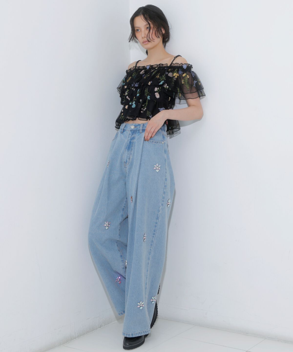 アンドクチュール「ボタニカル柄刺繍チュールブラウス」|シャツ・ブラウス|