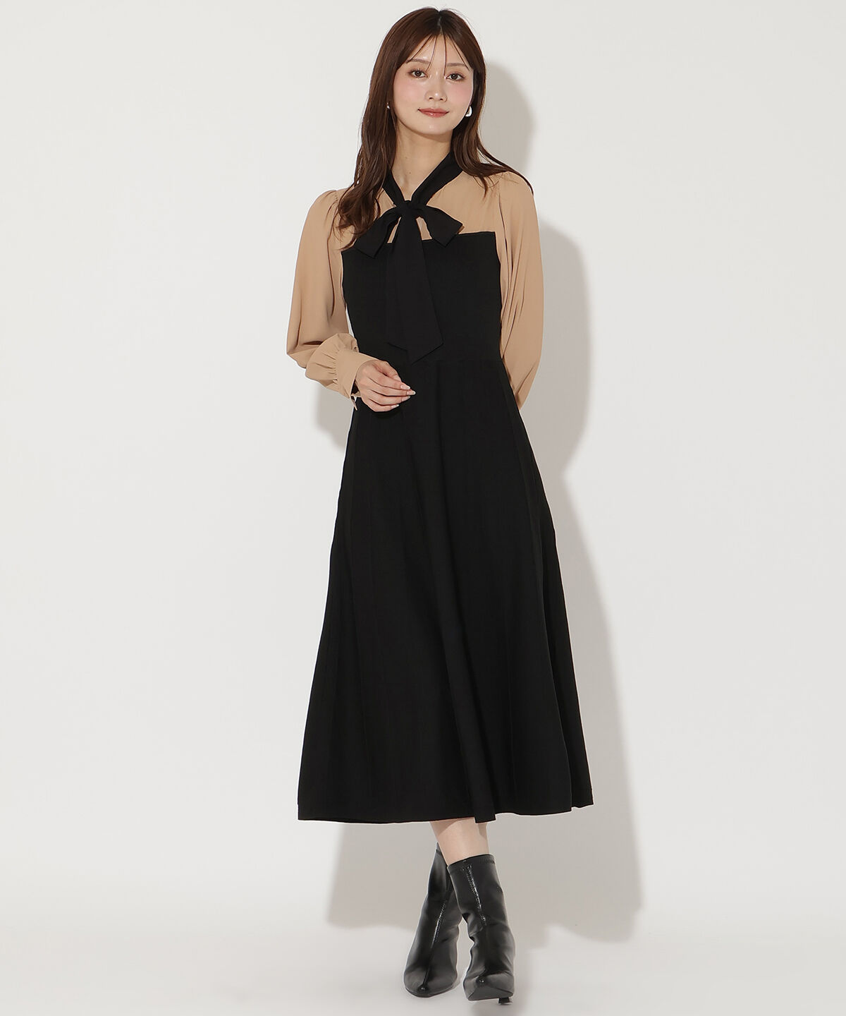 アンドクチュール「ニットビスチェ風リボンタイワンピース」|ワンピース|