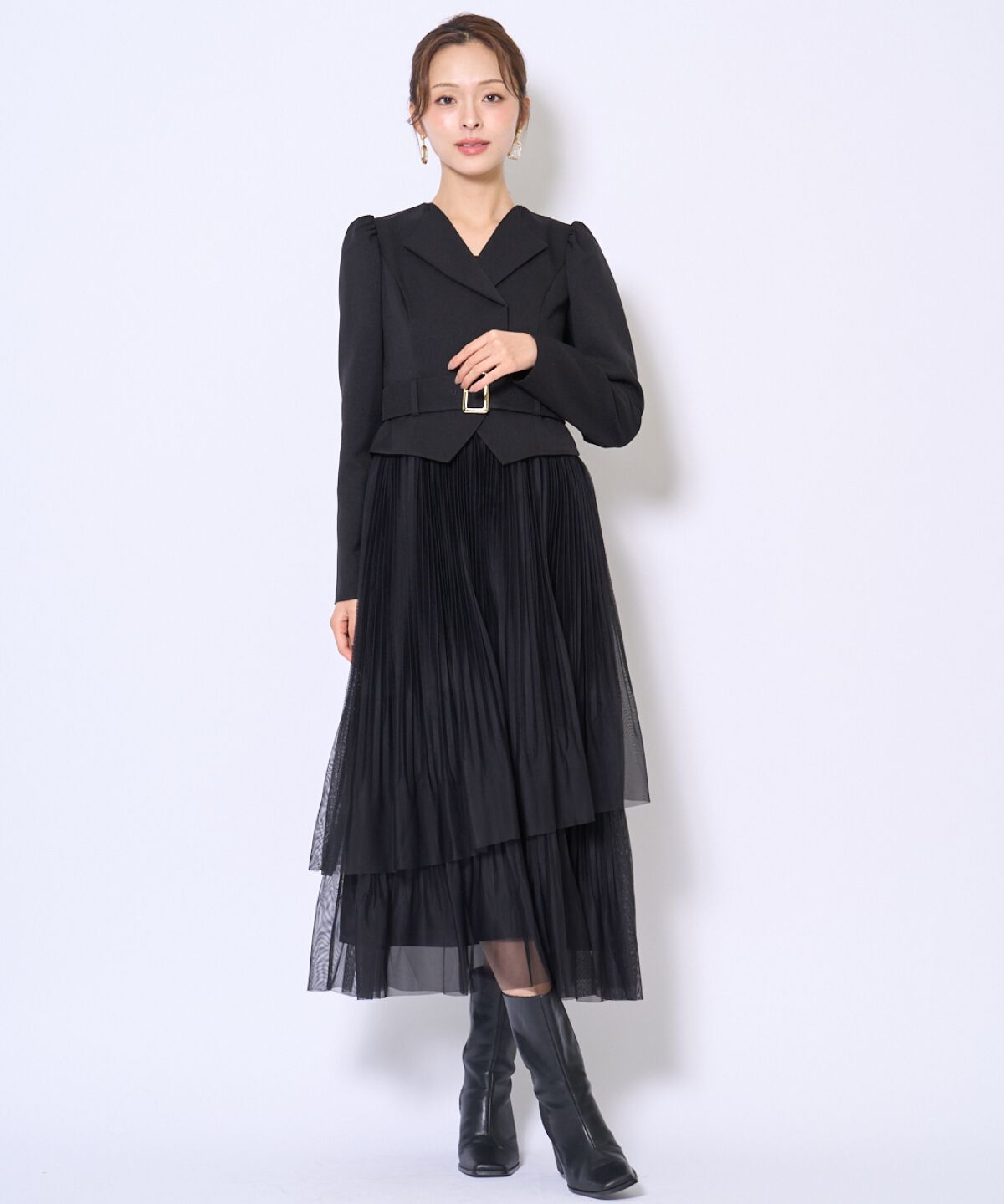 アンドクチュール「プリーツレイヤードワンピース」|ワンピース|ブラック