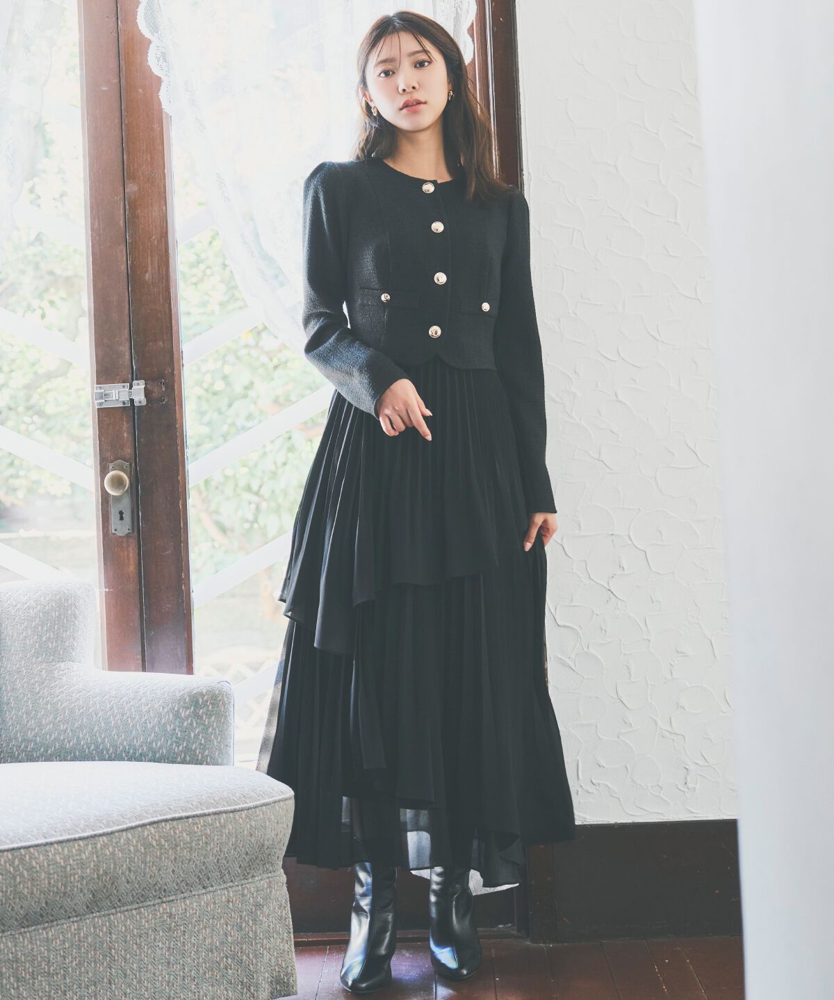 アンドクチュール「ツイードジャケットドッキングワンピース」|ワンピース|