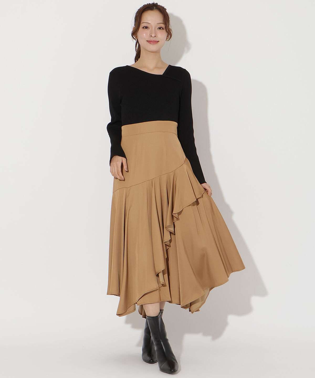 アンドクチュール「アシメスカートドッキングワンピース」|ワンピース|ブラック