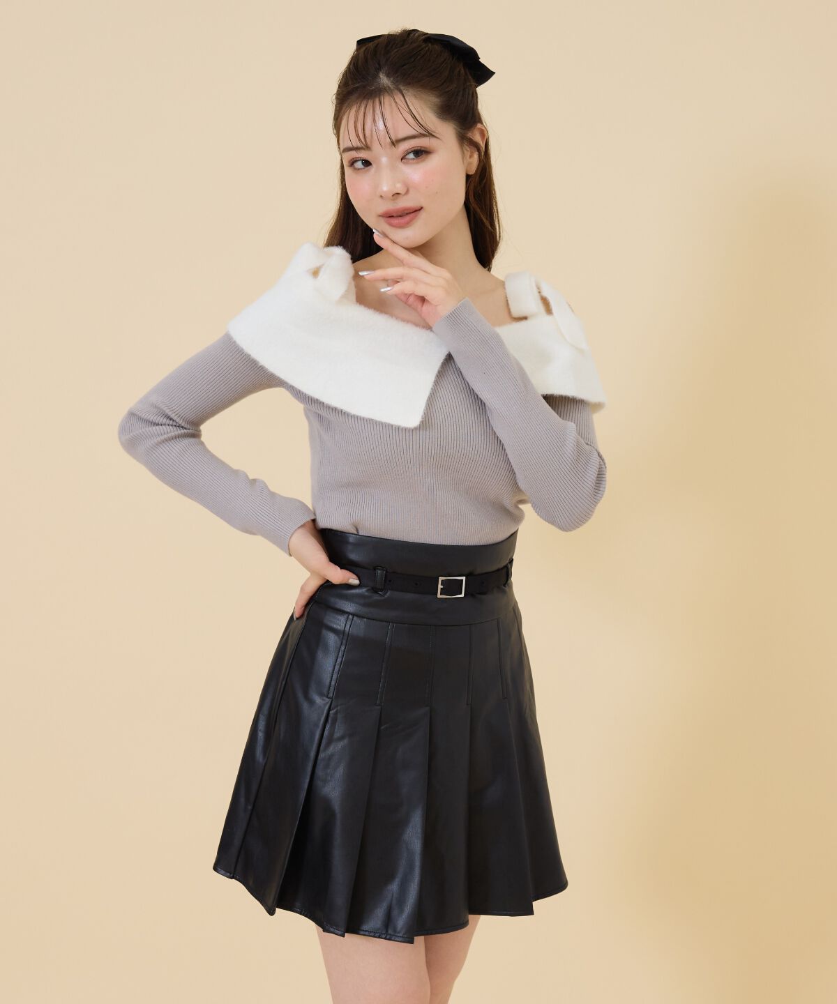 REDYAZEL「フェイクレザータックプリーツミニスカート」|フレア|