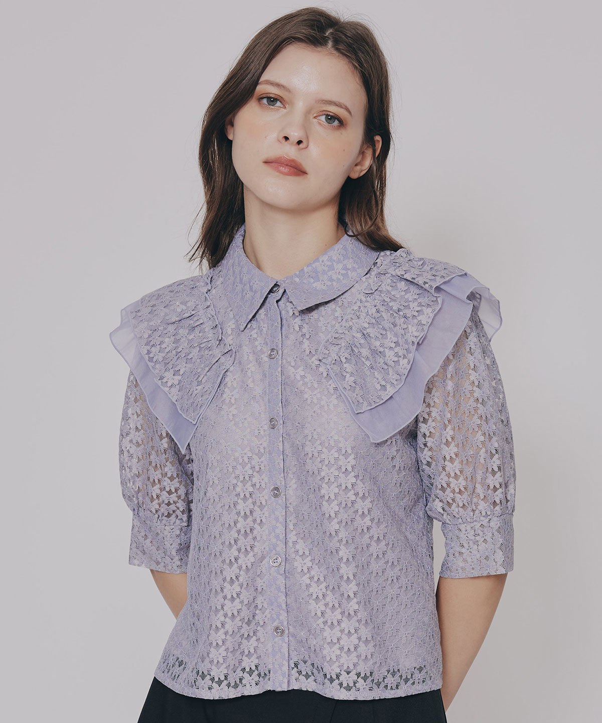 REDYAZEL「ラメレースフリルハーフスリーブブラウス」|シャツ・ブラウス|ブルー