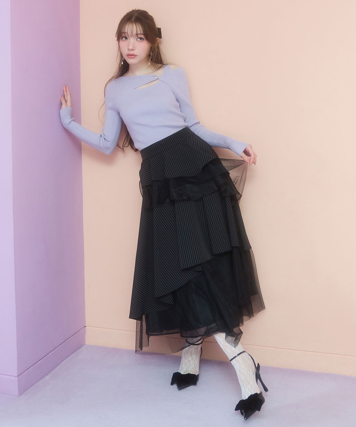 REDYAZEL「シアーMIXティアードスカート」|フレア|