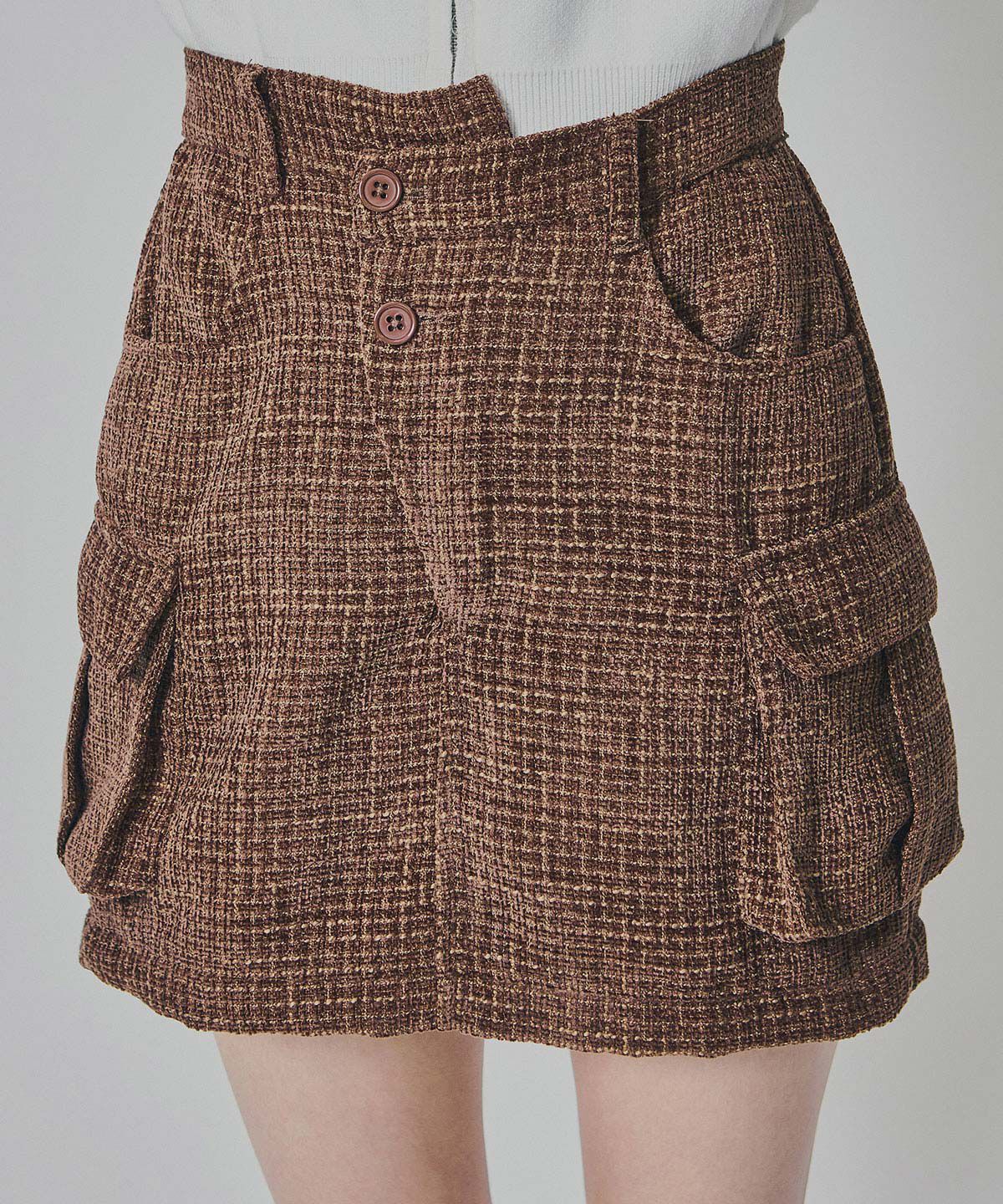 REDYAZEL「モールツイードカーゴミニスカート」|台形|ブラウン