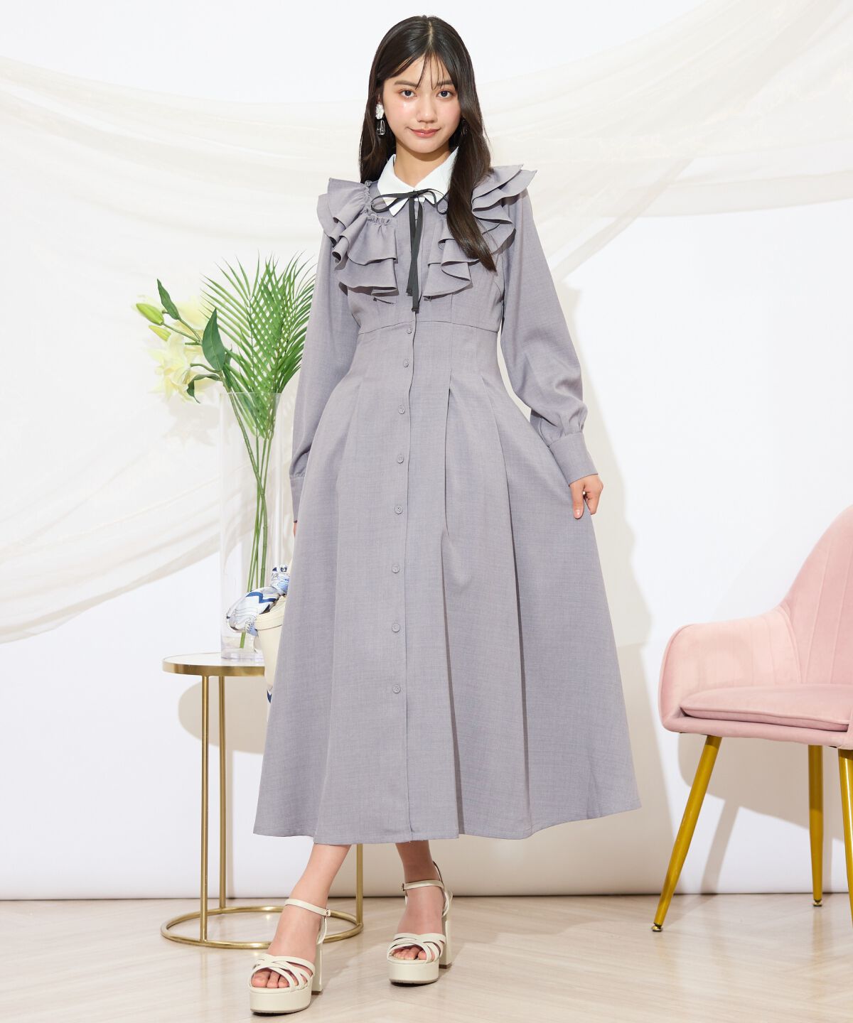 WILLSELECTION「配色襟ダブルフリルシャツワンピース」|ワンピース|