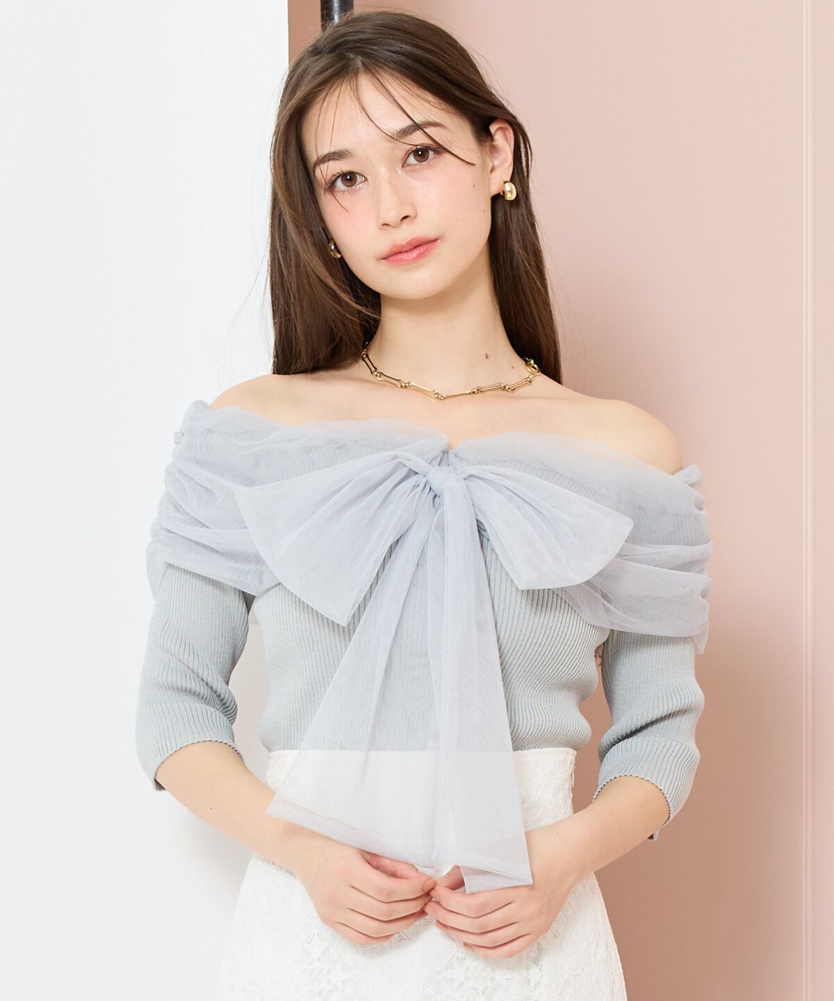 WILLSELECTION「リボンチュールレイヤードリブニット」|ニット・セーター|サックス