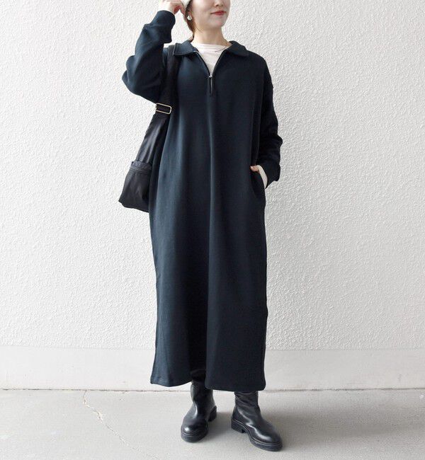 SHIPS any「SHIPS any:〈洗濯機可能〉USA コットン 裏起毛 ハーフジップ ワンピース」|ワンピース|ブラック