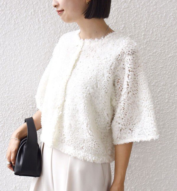 SHIPS for women「little black:〈手洗い可能〉パール 釦 フリル チュール 半袖 ブラウス」|シャツ・ブラウス|