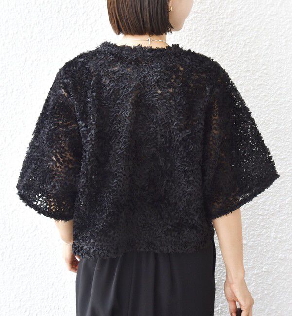 SHIPS for women「little black:〈手洗い可能〉パール 釦 フリル チュール 半袖 ブラウス」|シャツ・ブラウス|