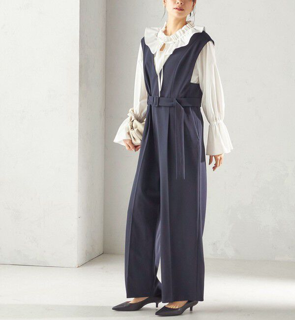 SHIPS for women「〈手洗い可能〉ダブル クロス Ｖネック ベルト付 オールインワン（セレモニー対応可）」|オールインワン|ネイビー