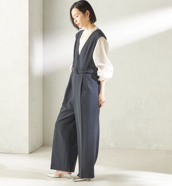 SHIPS for women「〈手洗い可能〉ダブル クロス Ｖネック ベルト付 オールインワン（セレモニー対応可）」|オールインワン|