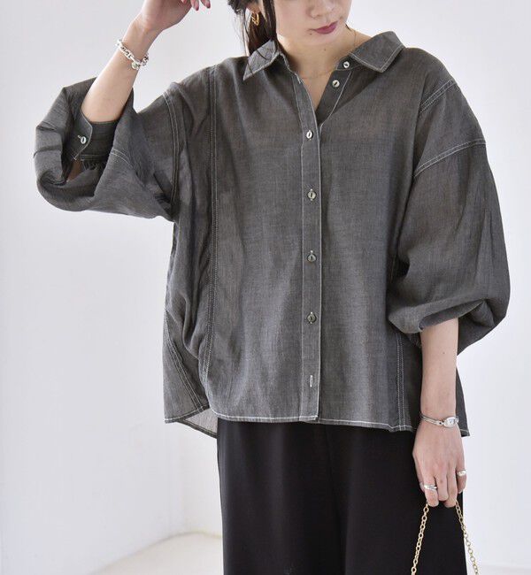 quaranciel「《予約》quaranciel:〈洗濯機可能〉シアー デニム ギャザー レギュラー シャツ」|シャツ・ブラウス|