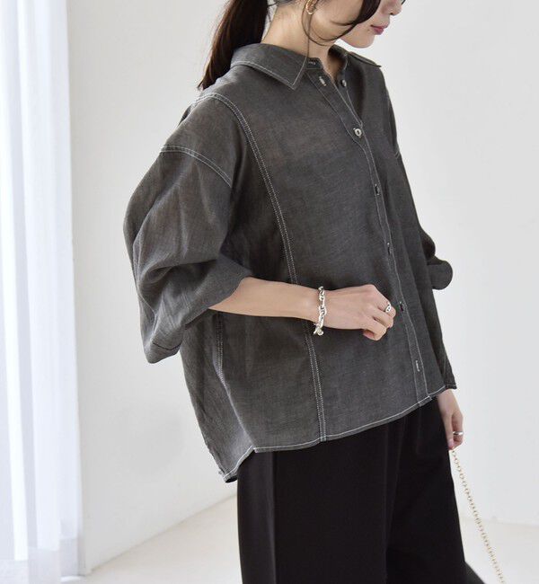 quaranciel「《予約》quaranciel:〈洗濯機可能〉シアー デニム ギャザー レギュラー シャツ」|シャツ・ブラウス|