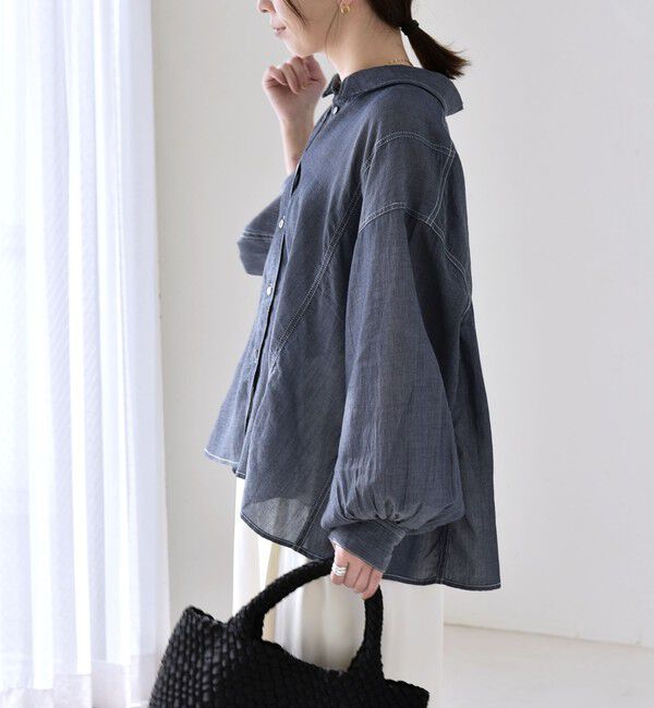 quaranciel「《予約》quaranciel:〈洗濯機可能〉シアー デニム ギャザー レギュラー シャツ」|シャツ・ブラウス|