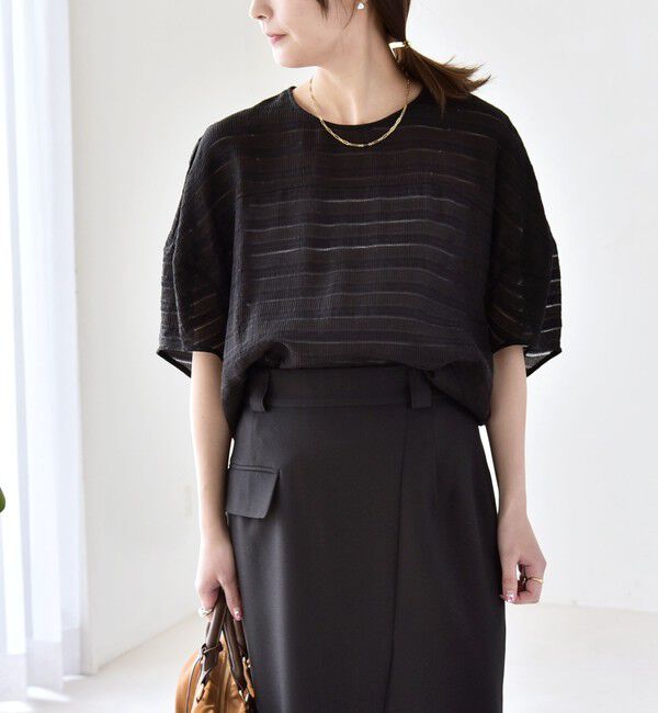 quaranciel「《予約》quaranciel:〈洗濯機可能〉ジャガード ボーダー シアー ブラウス」|シャツ・ブラウス|